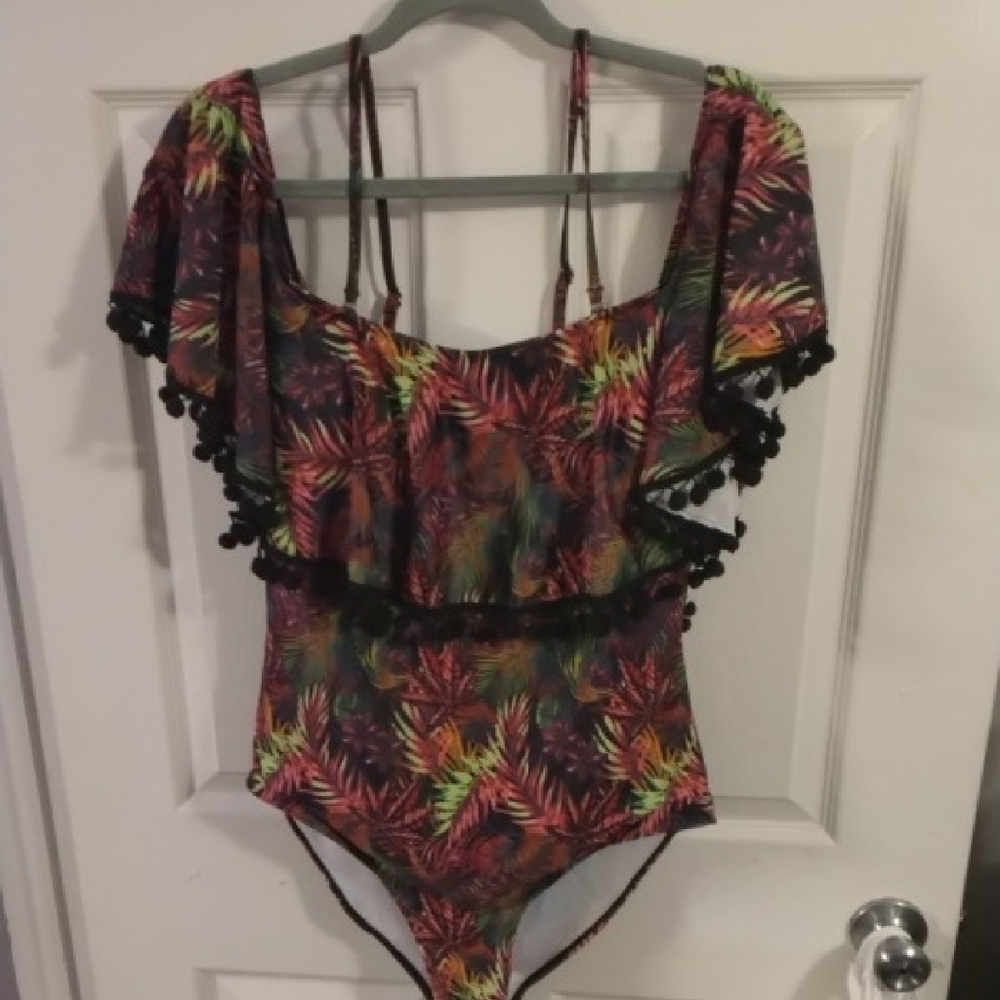 Pink and Green One Piece with Ruffled Neckline